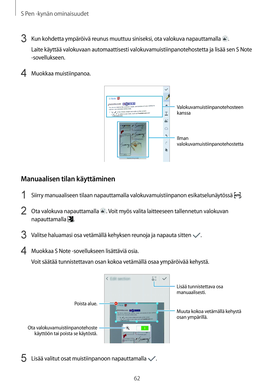 Samsung SM-N915FZWYNEE, SM-N915FZKYNEE manual Manuaalisen tilan käyttäminen 