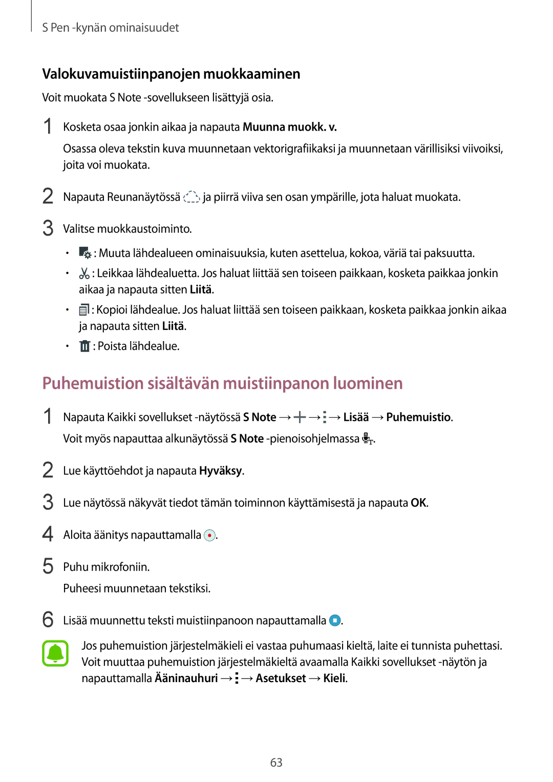 Samsung SM-N915FZKYNEE manual Puhemuistion sisältävän muistiinpanon luominen, Valokuvamuistiinpanojen muokkaaminen 