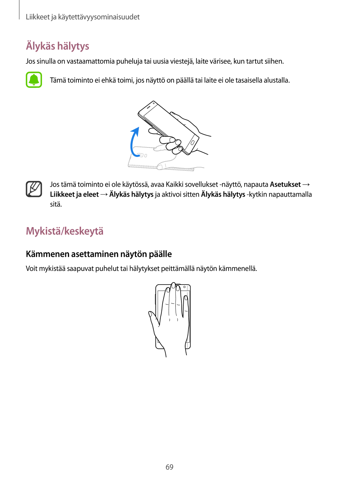 Samsung SM-N915FZKYNEE, SM-N915FZWYNEE manual Älykäs hälytys, Mykistä/keskeytä, Kämmenen asettaminen näytön päälle 