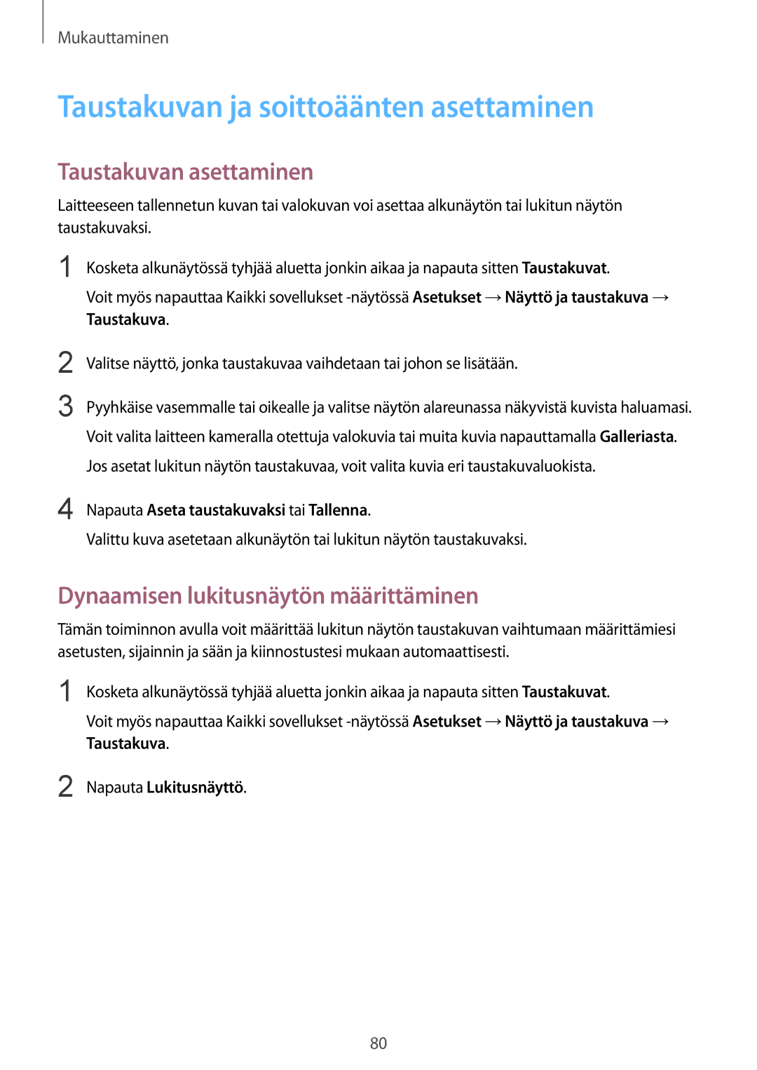 Samsung SM-N915FZWYNEE, SM-N915FZKYNEE manual Taustakuvan ja soittoäänten asettaminen, Taustakuvan asettaminen 