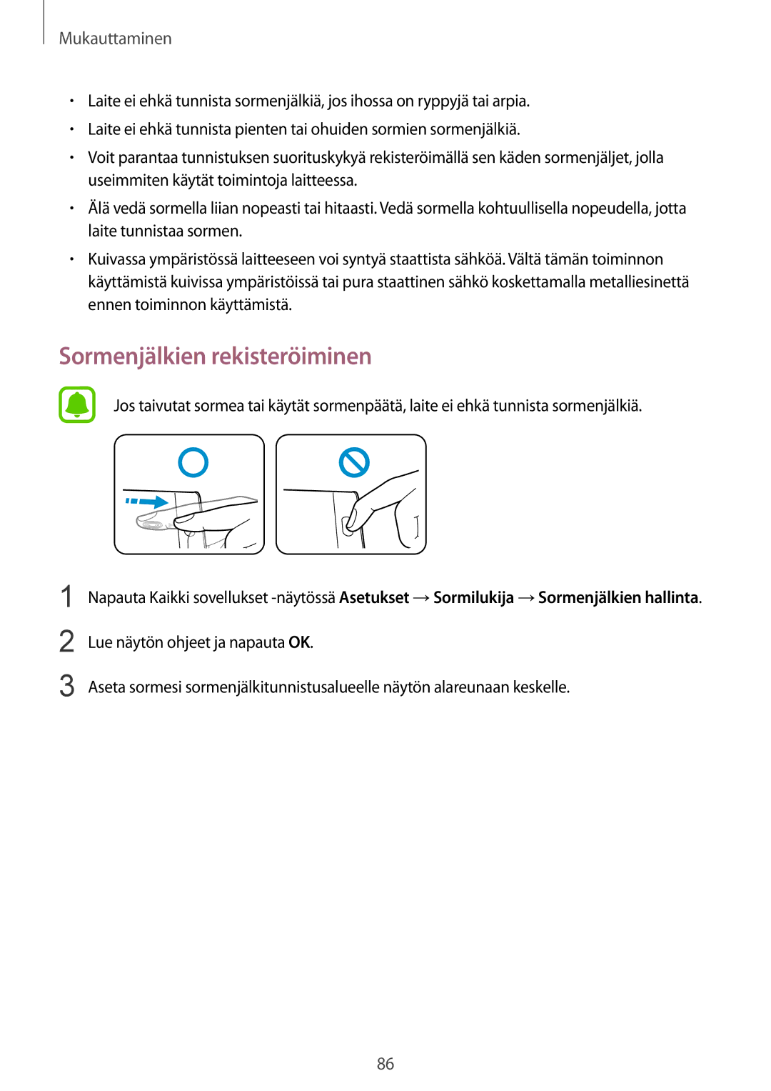 Samsung SM-N915FZWYNEE, SM-N915FZKYNEE manual Sormenjälkien rekisteröiminen 