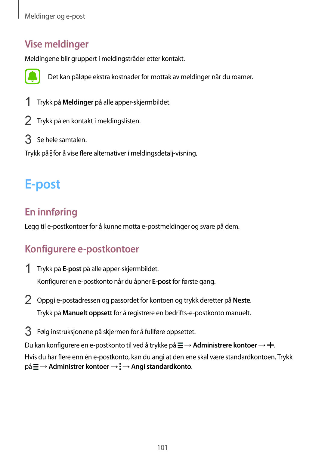 Samsung SM-N915FZKYNEE, SM-N915FZWYNEE manual Post, Vise meldinger, Konfigurere e-postkontoer 