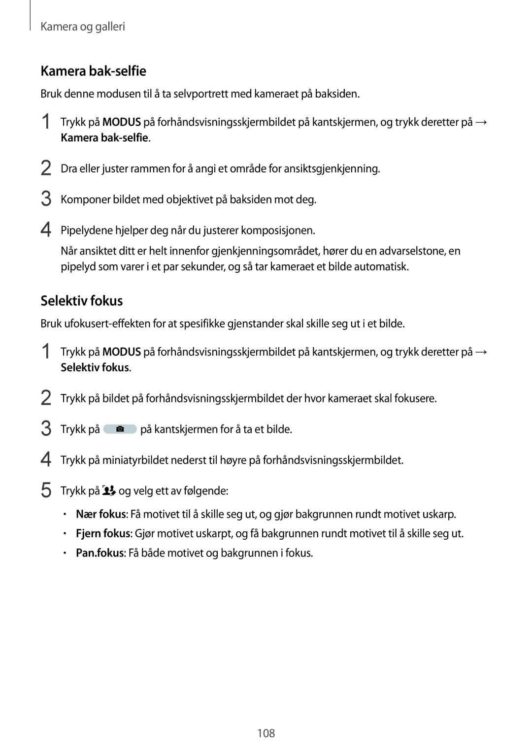 Samsung SM-N915FZWYNEE, SM-N915FZKYNEE manual Kamera bak-selfie, Selektiv fokus 