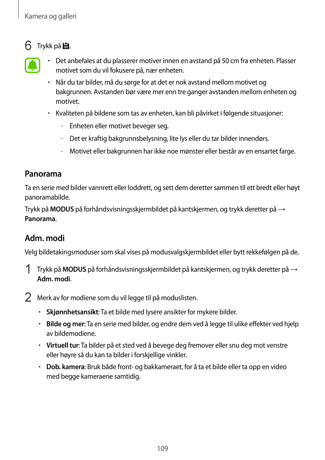 Samsung SM-N915FZKYNEE, SM-N915FZWYNEE manual Panorama, Adm. modi, Merk av for modiene som du vil legge til på moduslisten 