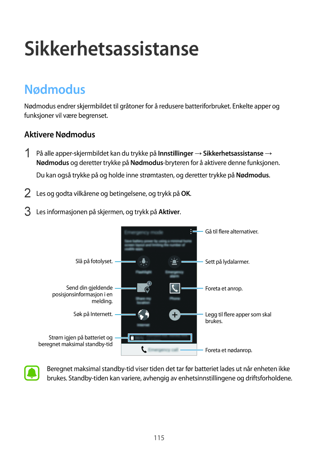 Samsung SM-N915FZKYNEE, SM-N915FZWYNEE manual Sikkerhetsassistanse, Aktivere Nødmodus 