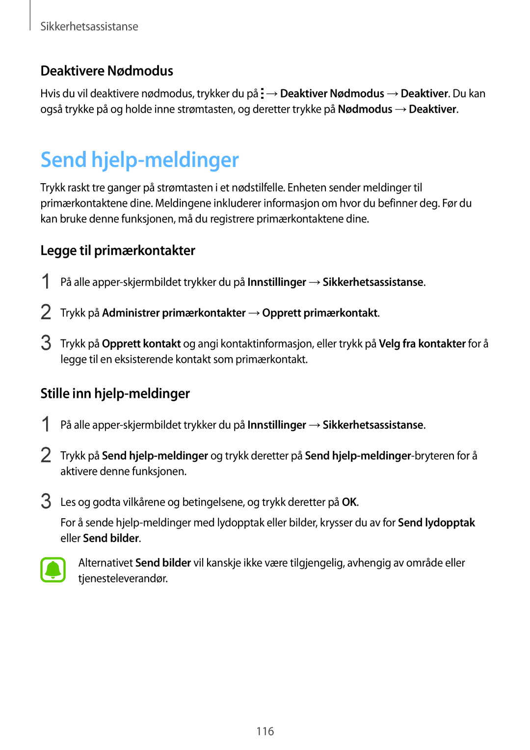 Samsung SM-N915FZWYNEE Send hjelp-meldinger, Deaktivere Nødmodus, Legge til primærkontakter, Stille inn hjelp-meldinger 