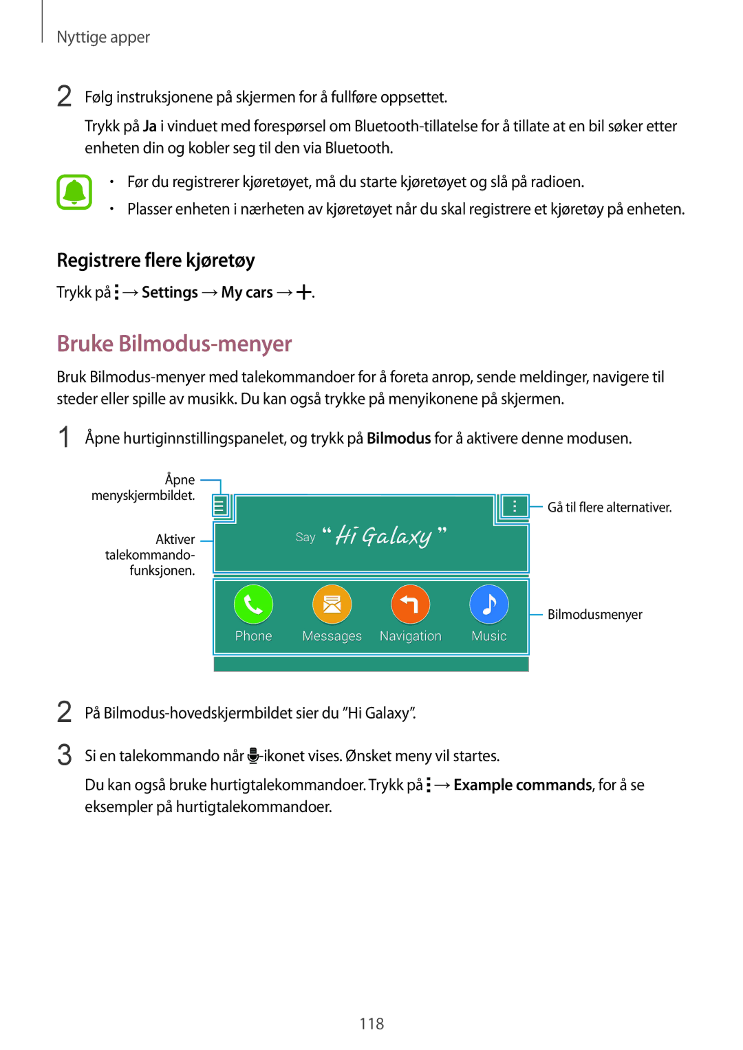 Samsung SM-N915FZWYNEE, SM-N915FZKYNEE manual Bruke Bilmodus-menyer, Registrere flere kjøretøy 