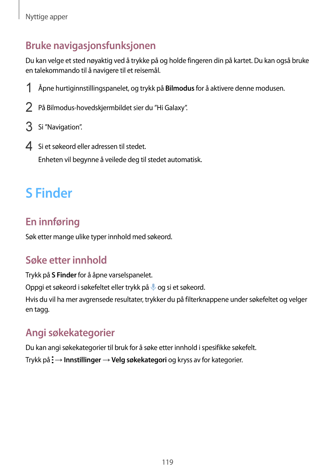 Samsung SM-N915FZKYNEE, SM-N915FZWYNEE manual Finder, Bruke navigasjonsfunksjonen, Søke etter innhold, Angi søkekategorier 