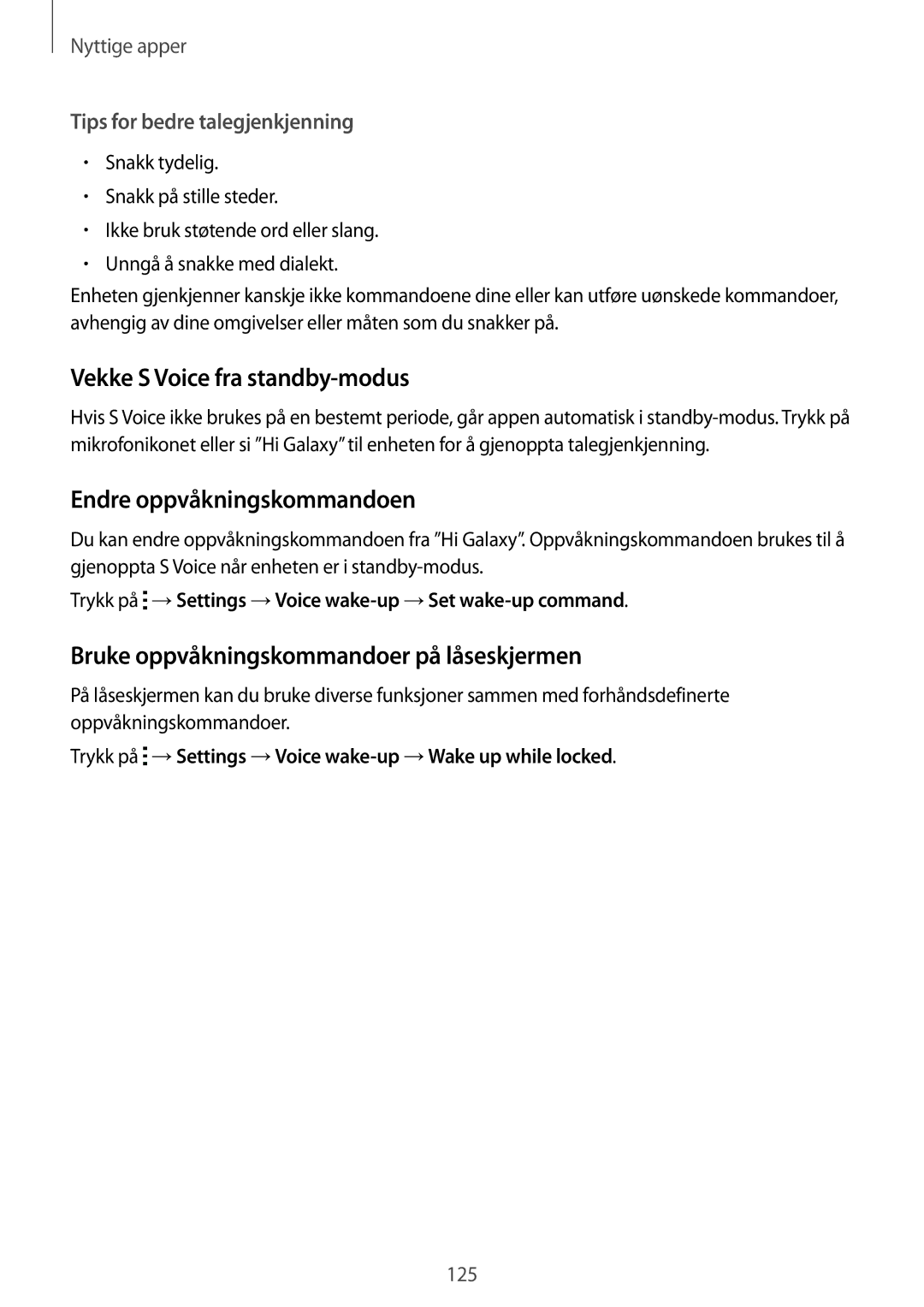 Samsung SM-N915FZKYNEE, SM-N915FZWYNEE manual Vekke S Voice fra standby-modus, Endre oppvåkningskommandoen 