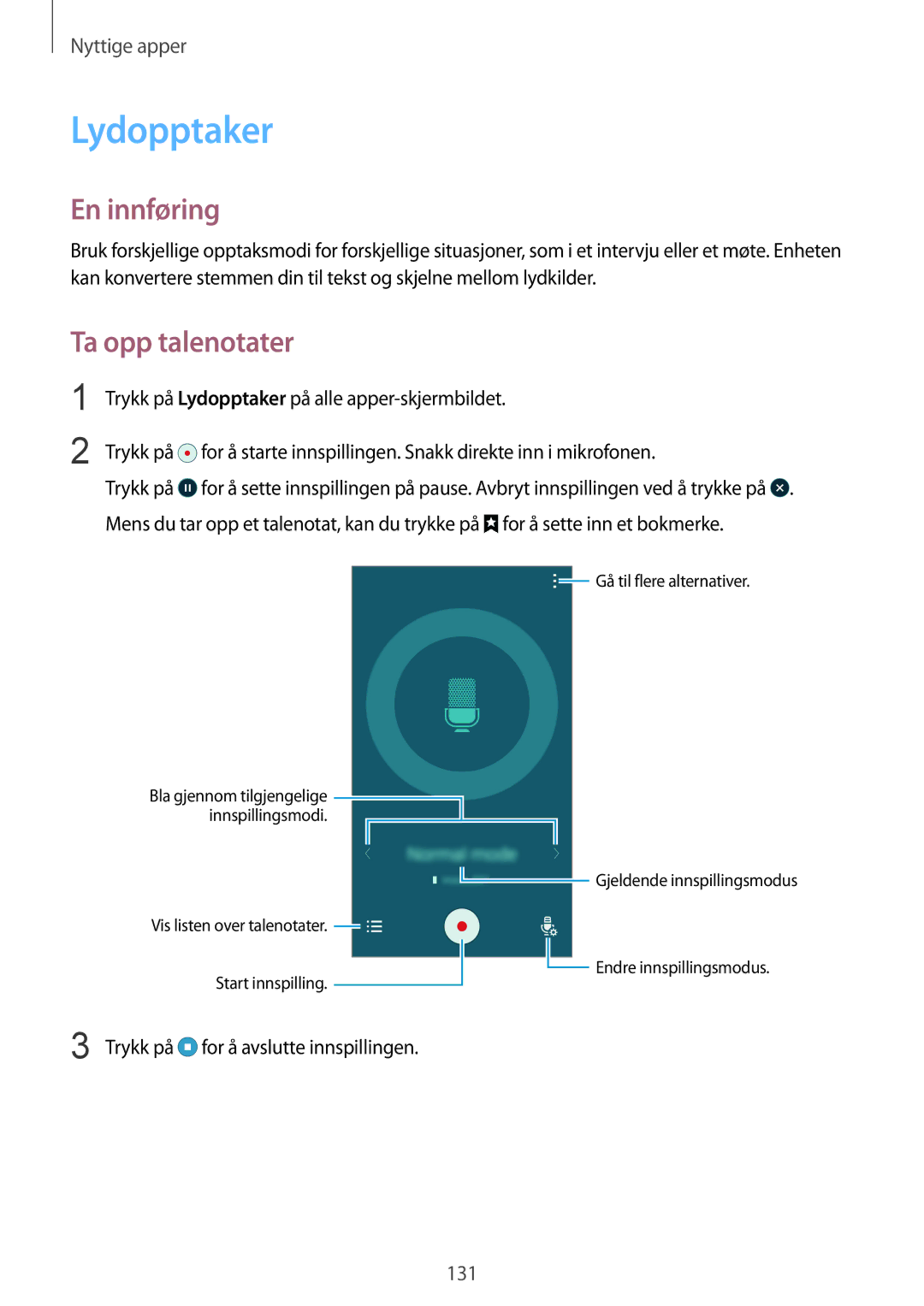 Samsung SM-N915FZKYNEE, SM-N915FZWYNEE manual Lydopptaker, Ta opp talenotater, Trykk på for å avslutte innspillingen 