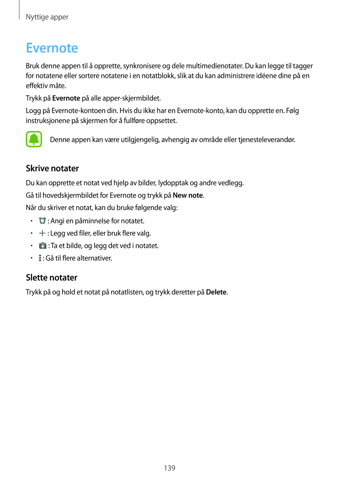 Samsung SM-N915FZKYNEE, SM-N915FZWYNEE manual Evernote, Skrive notater, Slette notater 