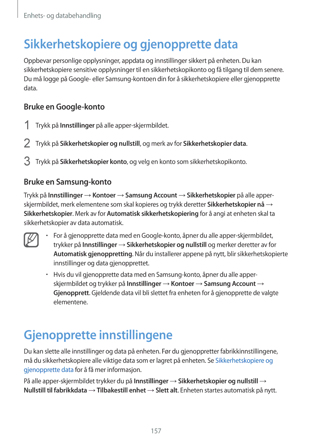 Samsung SM-N915FZKYNEE manual Sikkerhetskopiere og gjenopprette data, Gjenopprette innstillingene, Bruke en Google-konto 