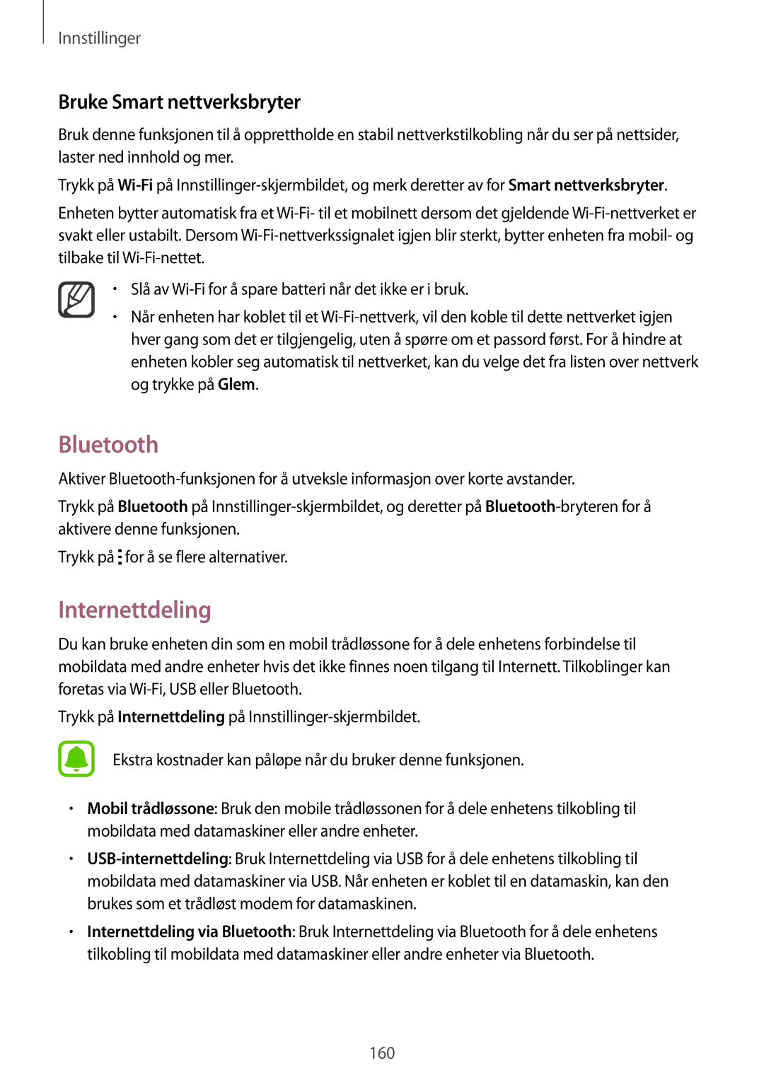 Samsung SM-N915FZWYNEE, SM-N915FZKYNEE manual Bluetooth, Internettdeling, Bruke Smart nettverksbryter 