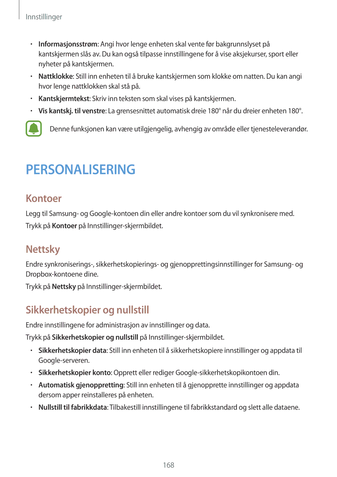 Samsung SM-N915FZWYNEE, SM-N915FZKYNEE manual Kontoer, Nettsky, Sikkerhetskopier og nullstill 