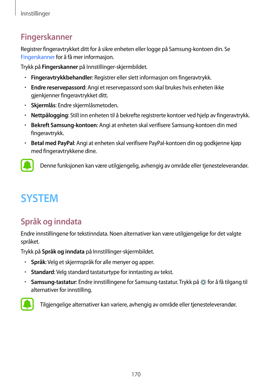 Samsung SM-N915FZWYNEE, SM-N915FZKYNEE manual Fingerskanner, Språk og inndata 