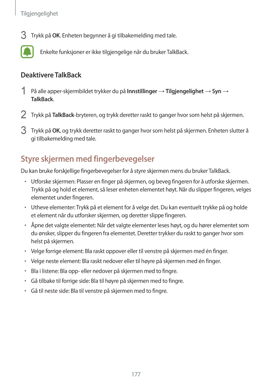 Samsung SM-N915FZKYNEE, SM-N915FZWYNEE manual Styre skjermen med fingerbevegelser, Deaktivere TalkBack 