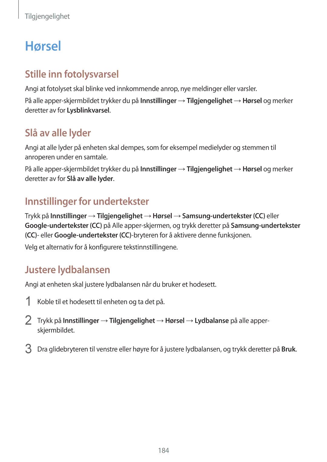 Samsung SM-N915FZWYNEE, SM-N915FZKYNEE Hørsel, Stille inn fotolysvarsel, Slå av alle lyder, Innstillinger for undertekster 