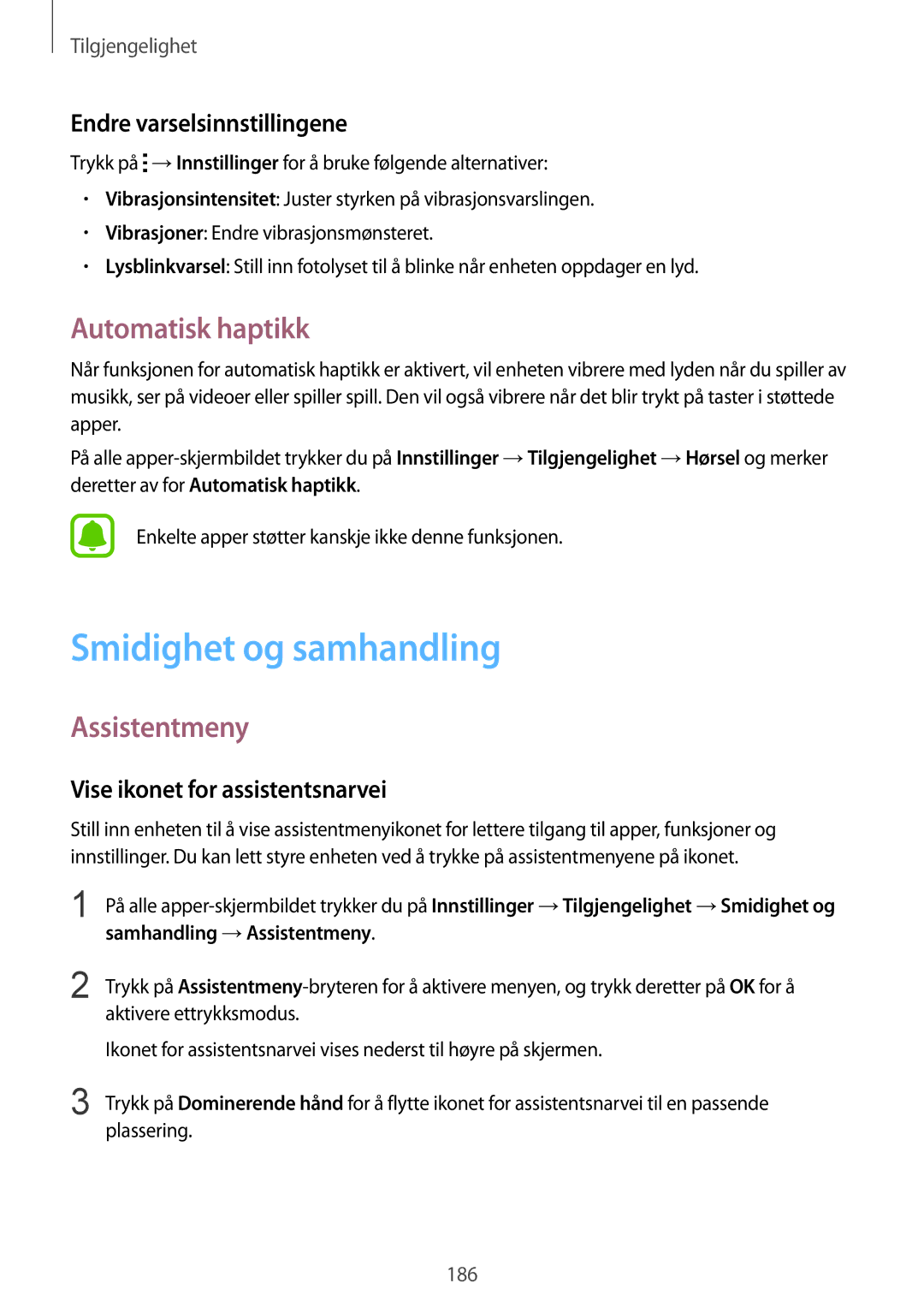 Samsung SM-N915FZWYNEE manual Smidighet og samhandling, Automatisk haptikk, Assistentmeny, Endre varselsinnstillingene 