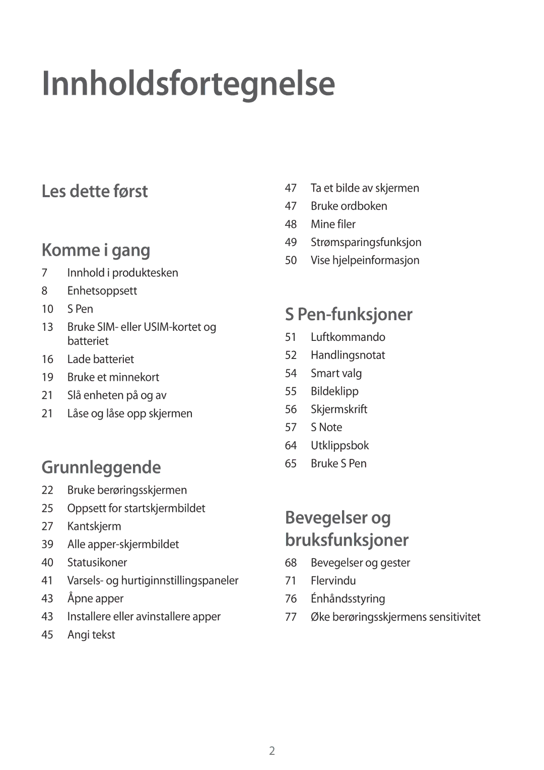 Samsung SM-N915FZWYNEE, SM-N915FZKYNEE manual Innholdsfortegnelse, Les dette først Komme i gang 