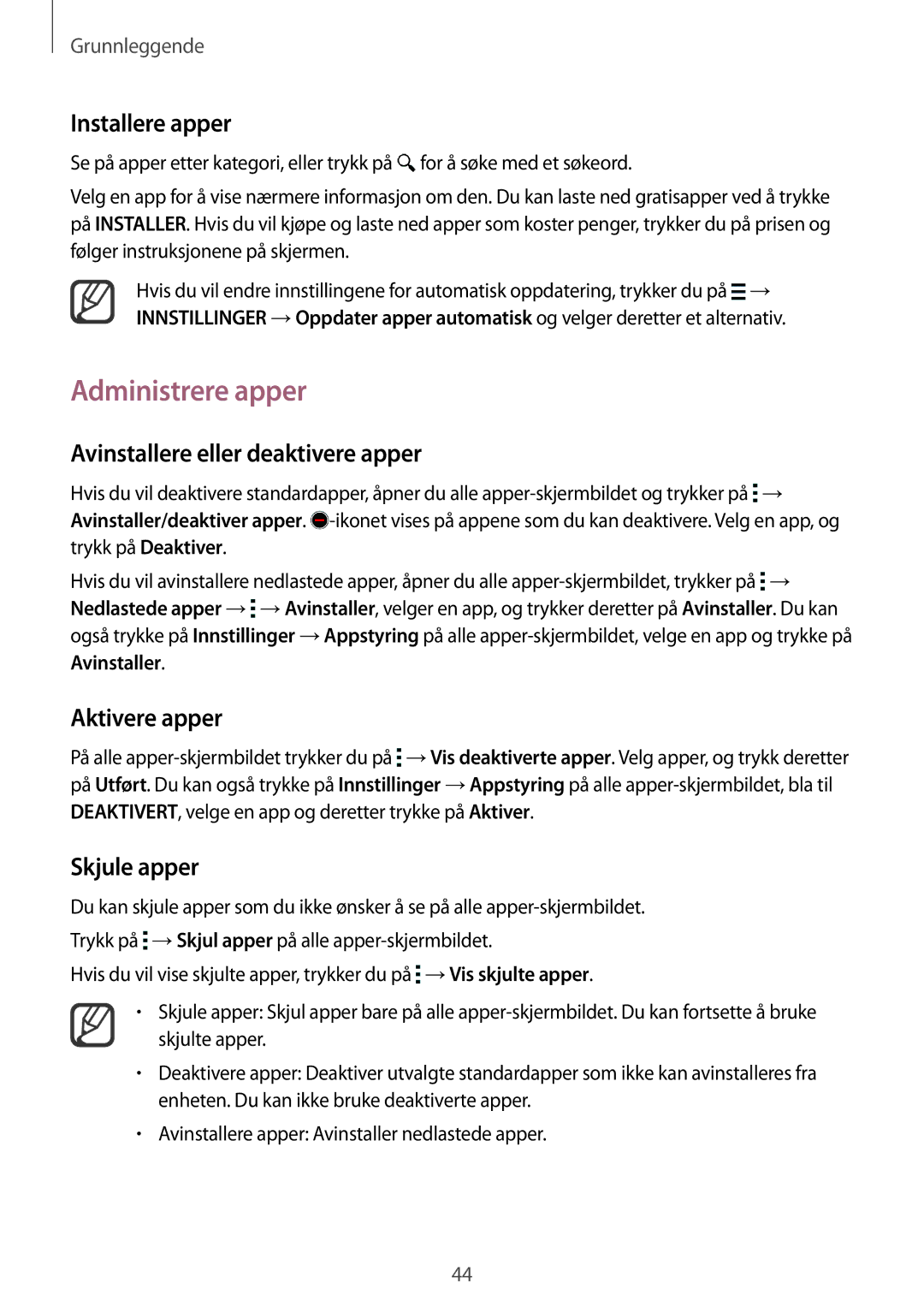 Samsung SM-N915FZWYNEE manual Administrere apper, Avinstallere eller deaktivere apper, Aktivere apper, Skjule apper 