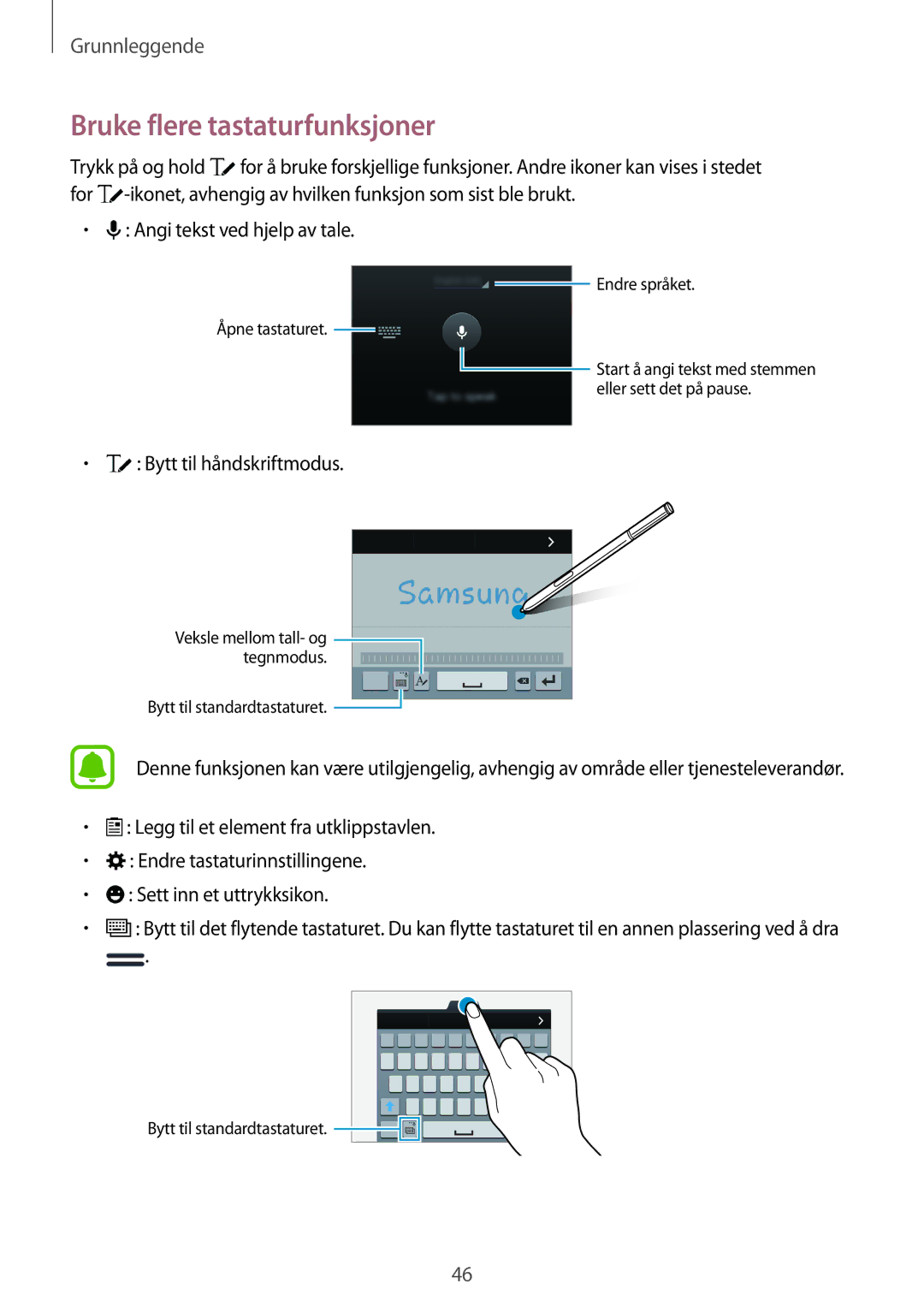 Samsung SM-N915FZWYNEE manual Bruke flere tastaturfunksjoner, Angi tekst ved hjelp av tale, Bytt til håndskriftmodus 