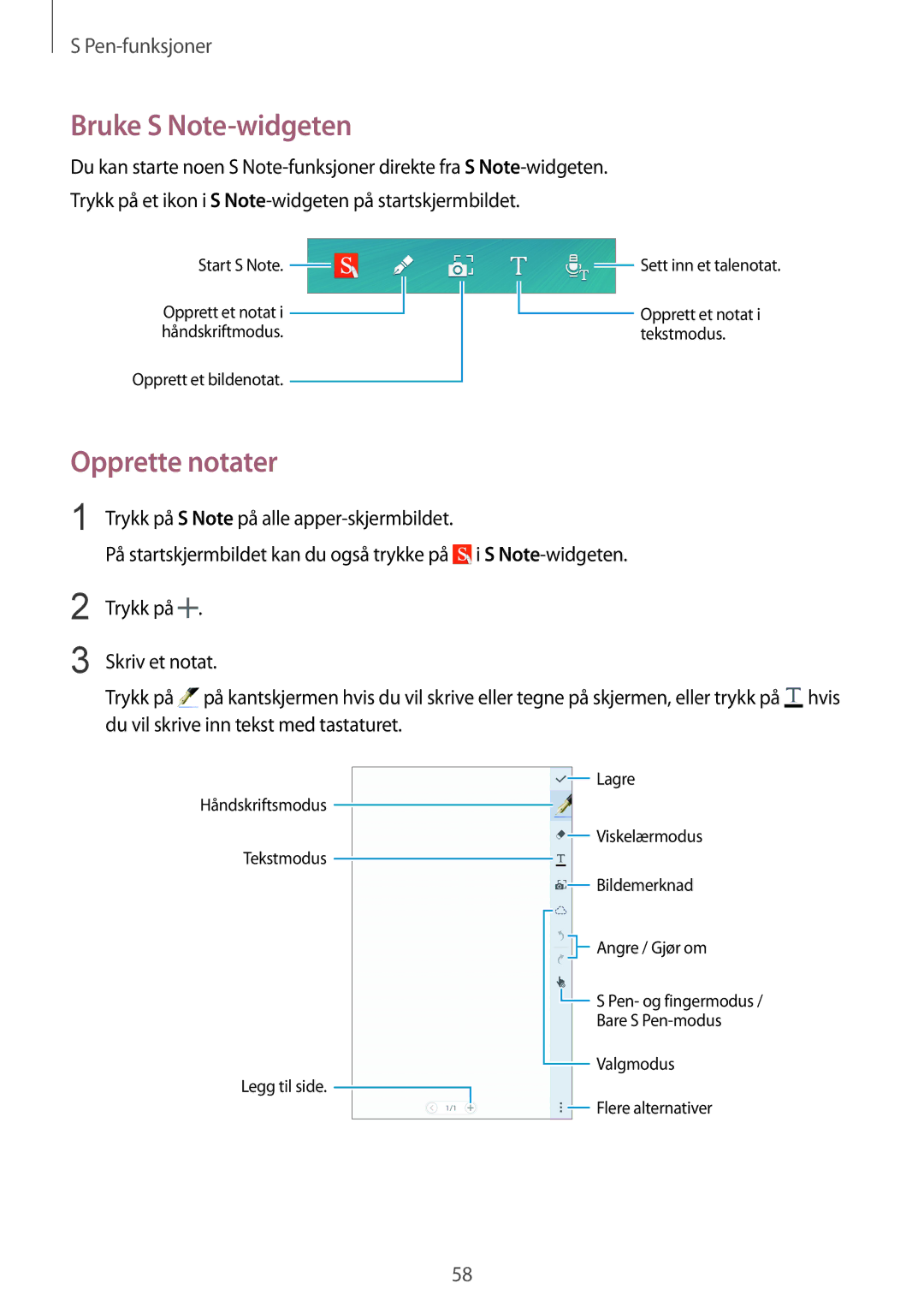 Samsung SM-N915FZWYNEE, SM-N915FZKYNEE manual Bruke S Note-widgeten, Opprette notater 
