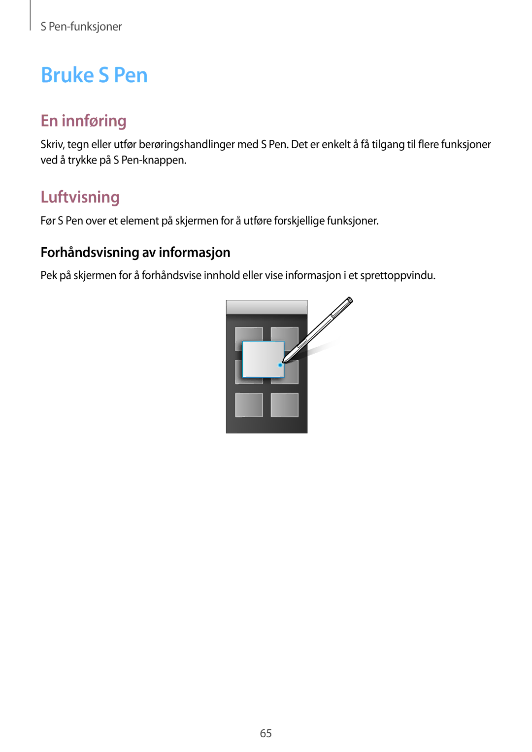 Samsung SM-N915FZKYNEE, SM-N915FZWYNEE manual Bruke S Pen, Luftvisning, Forhåndsvisning av informasjon 