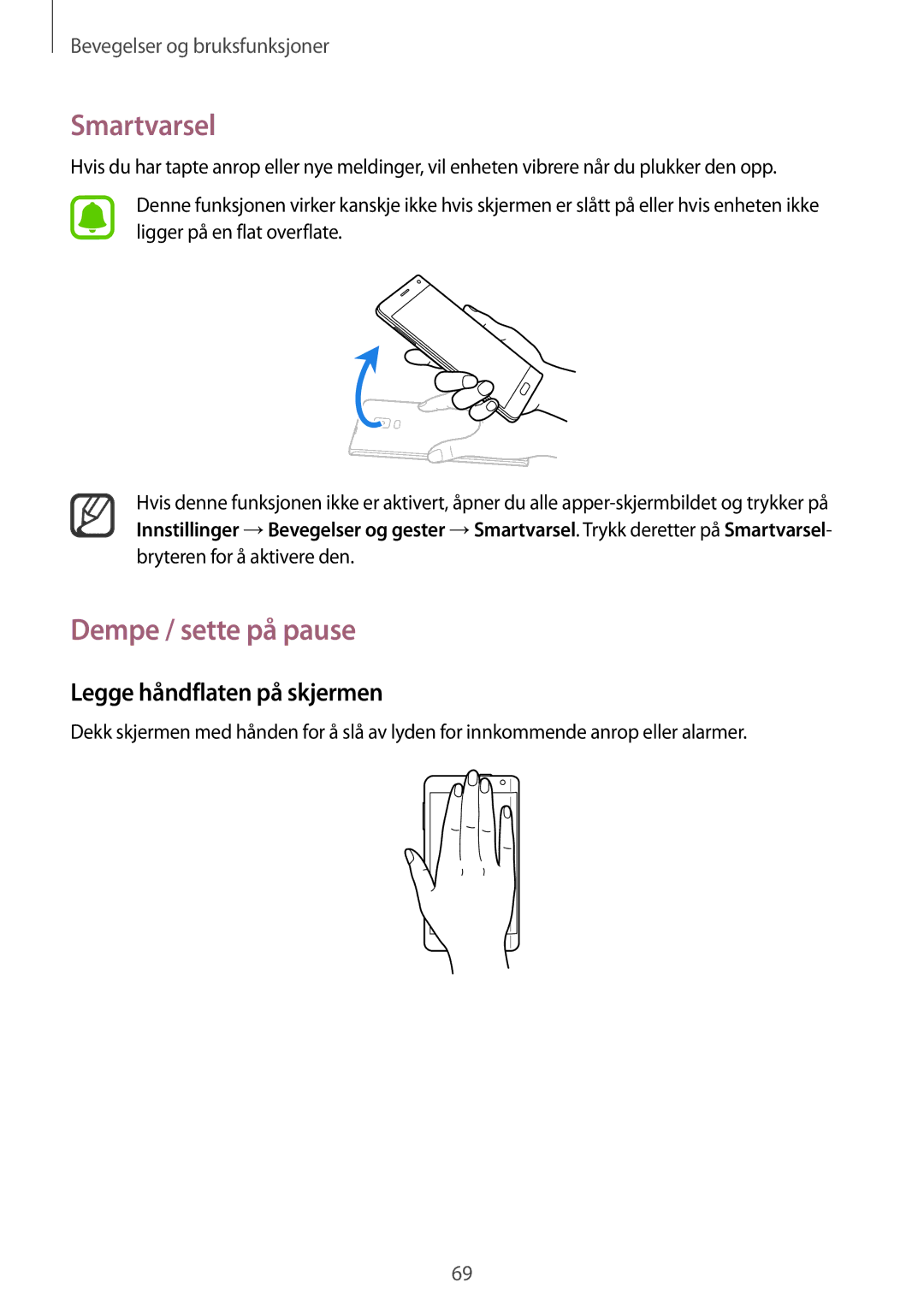 Samsung SM-N915FZKYNEE, SM-N915FZWYNEE manual Smartvarsel, Dempe / sette på pause, Legge håndflaten på skjermen 