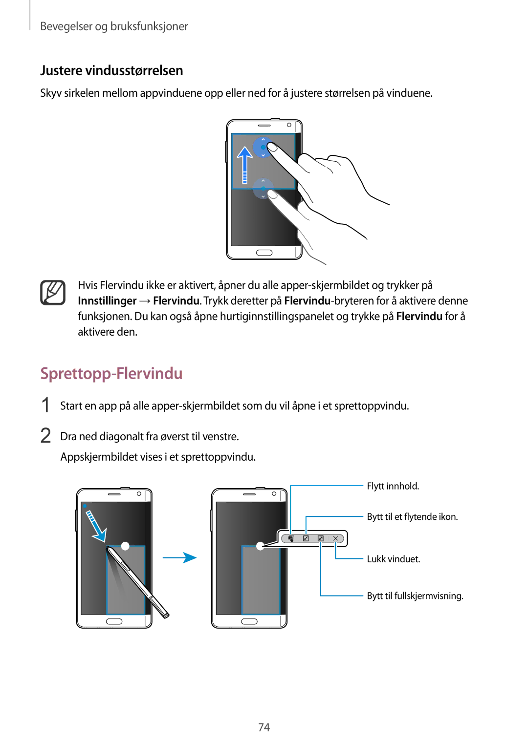 Samsung SM-N915FZWYNEE, SM-N915FZKYNEE manual Sprettopp-Flervindu, Justere vindusstørrelsen 