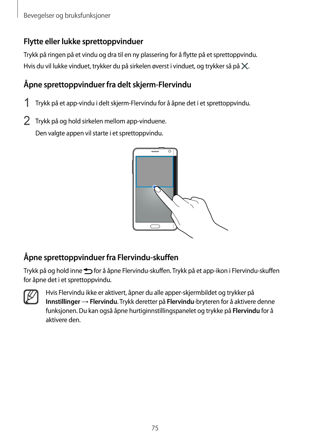 Samsung SM-N915FZKYNEE manual Flytte eller lukke sprettoppvinduer, Åpne sprettoppvinduer fra delt skjerm-Flervindu 