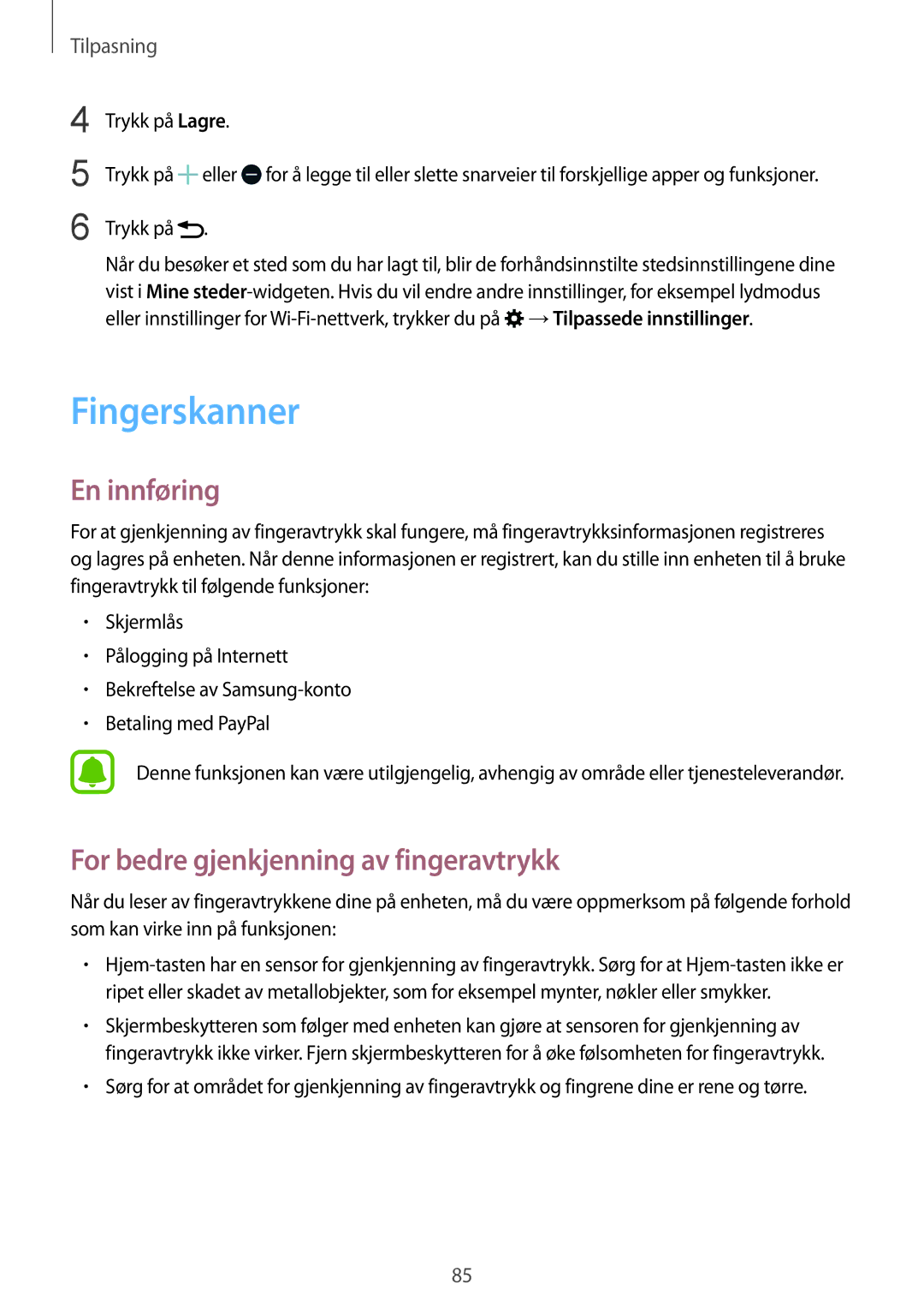 Samsung SM-N915FZKYNEE, SM-N915FZWYNEE manual Fingerskanner, For bedre gjenkjenning av fingeravtrykk, Trykk på Lagre 