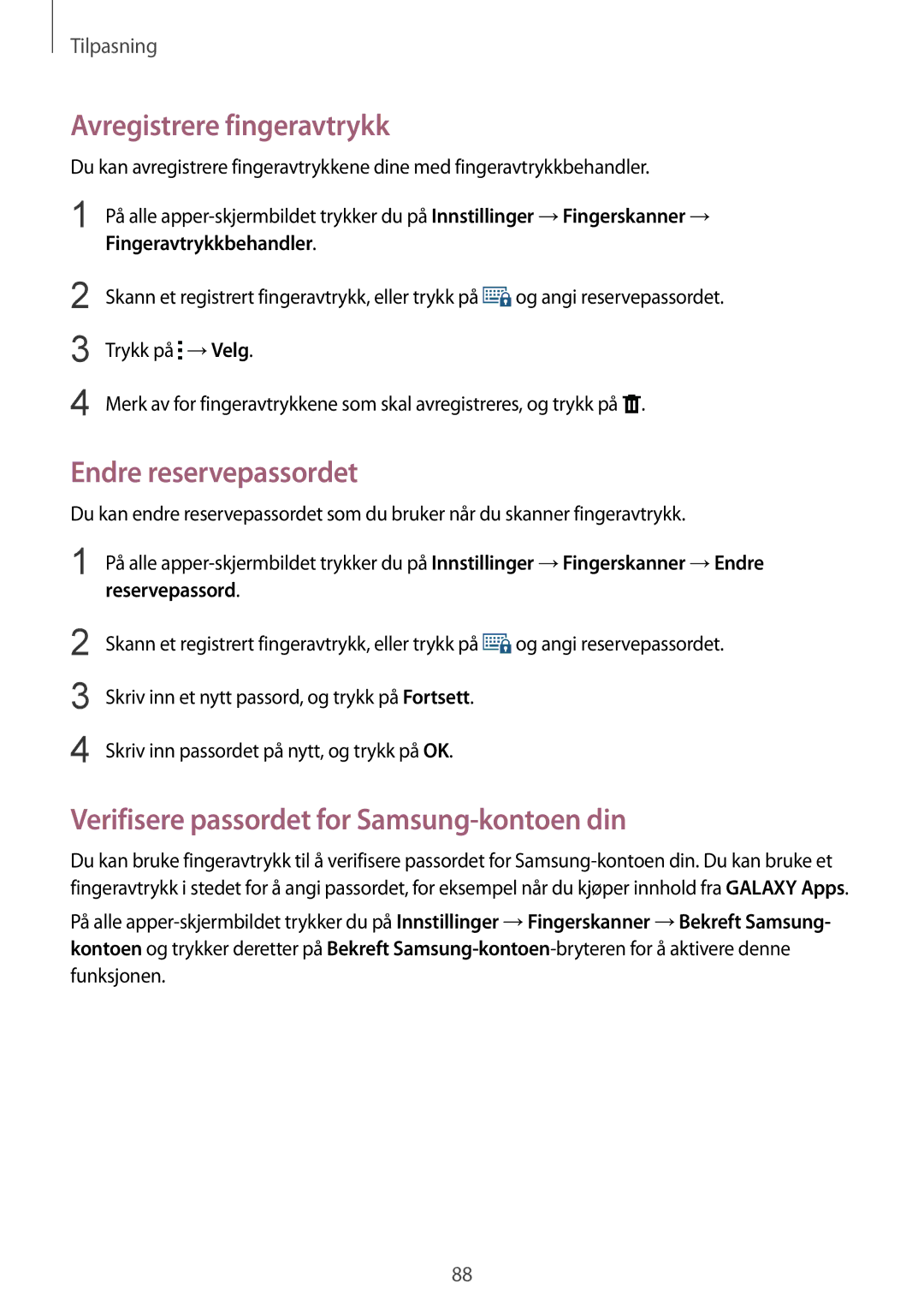 Samsung SM-N915FZWYNEE Avregistrere fingeravtrykk, Endre reservepassordet, Verifisere passordet for Samsung-kontoen din 