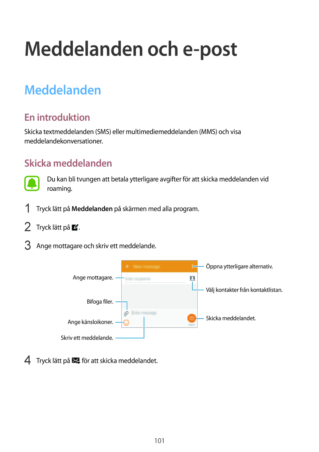 Samsung SM-N915FZKYNEE, SM-N915FZWYNEE manual Meddelanden och e-post, Skicka meddelanden 