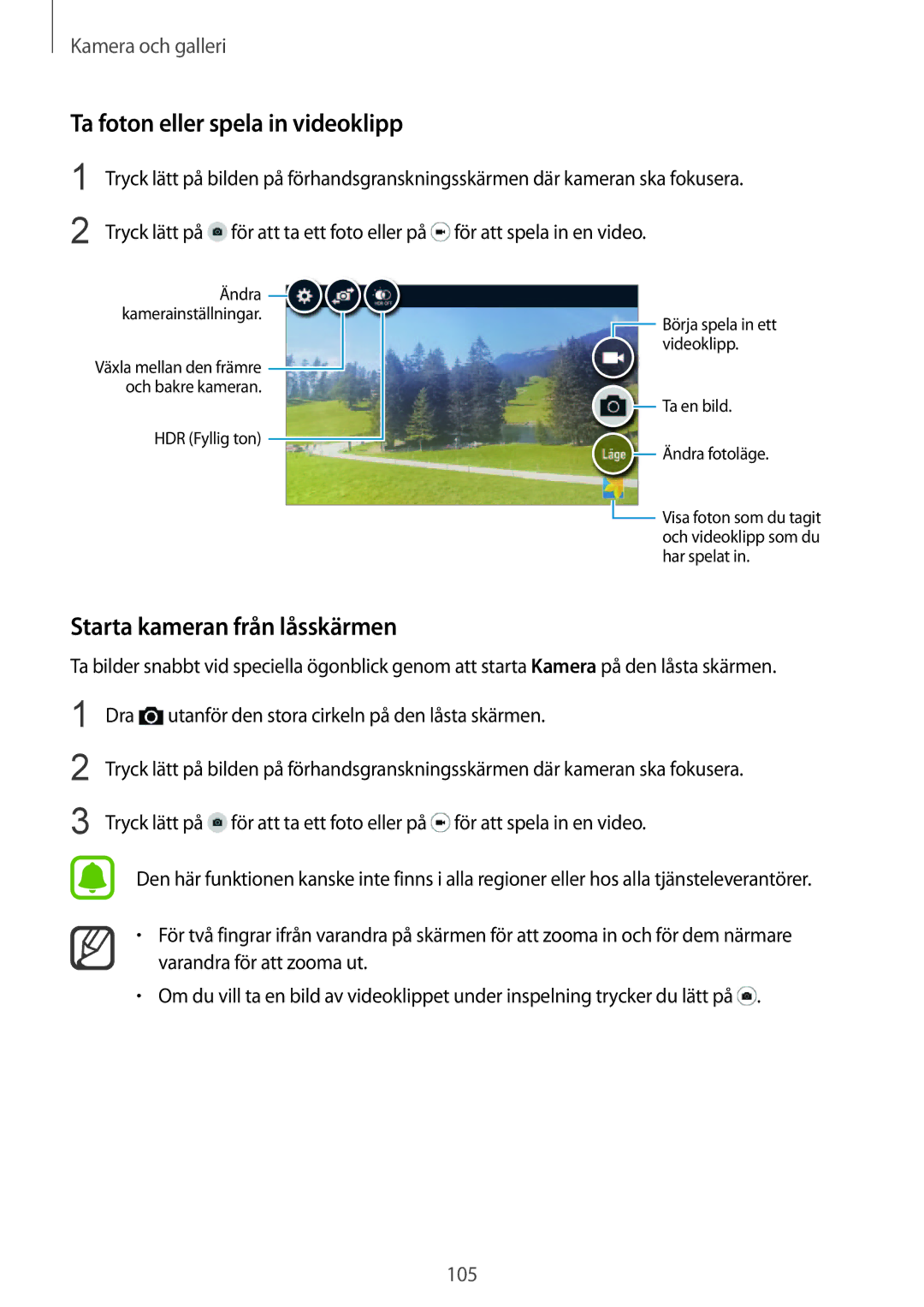 Samsung SM-N915FZKYNEE, SM-N915FZWYNEE manual Ta foton eller spela in videoklipp, Starta kameran från låsskärmen 