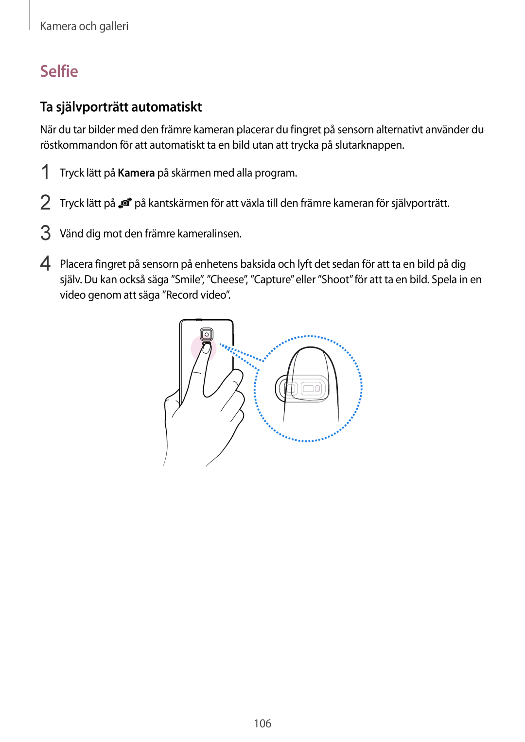 Samsung SM-N915FZWYNEE, SM-N915FZKYNEE manual Selfie, Ta självporträtt automatiskt 