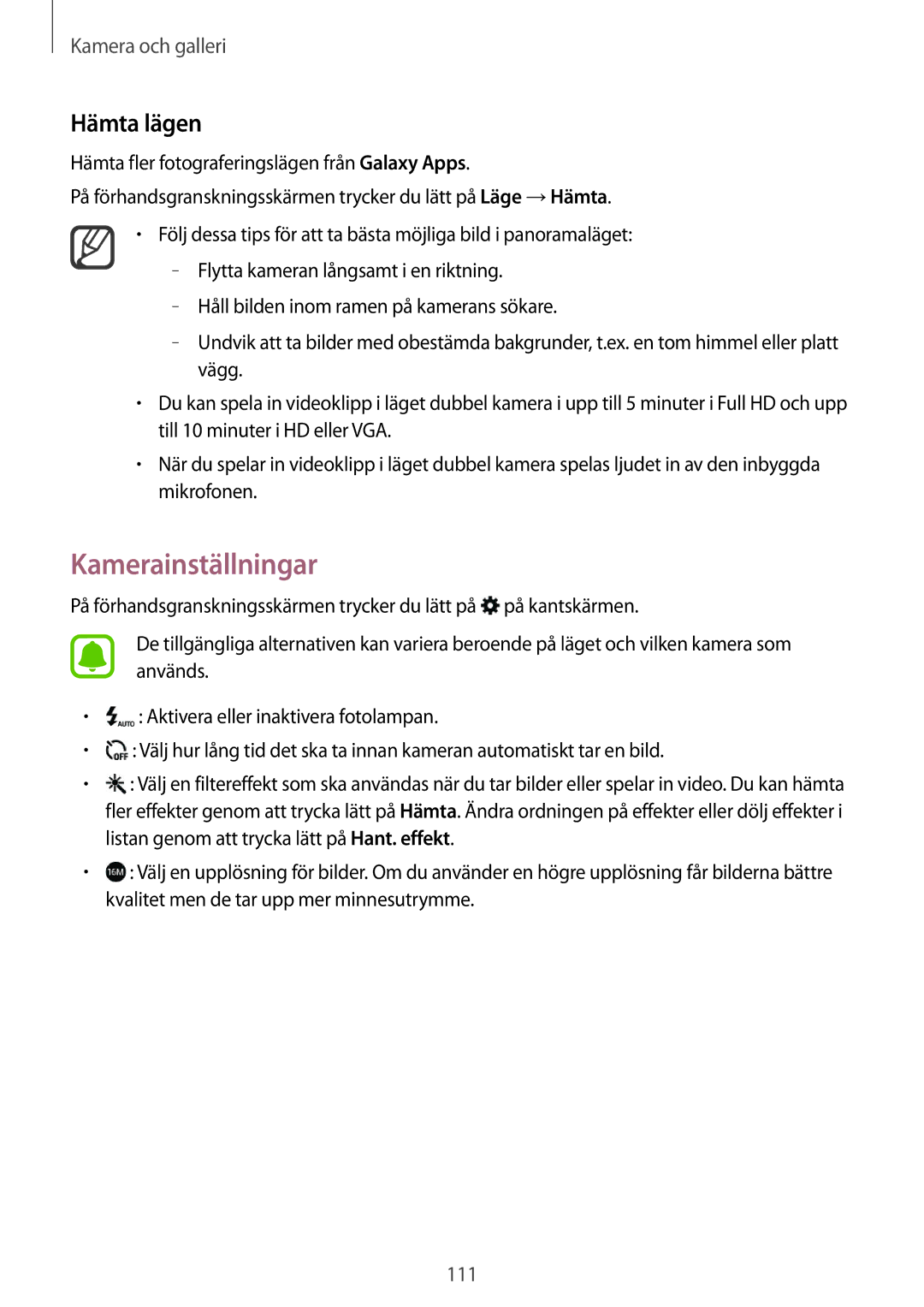 Samsung SM-N915FZKYNEE, SM-N915FZWYNEE manual Kamerainställningar, Hämta lägen 