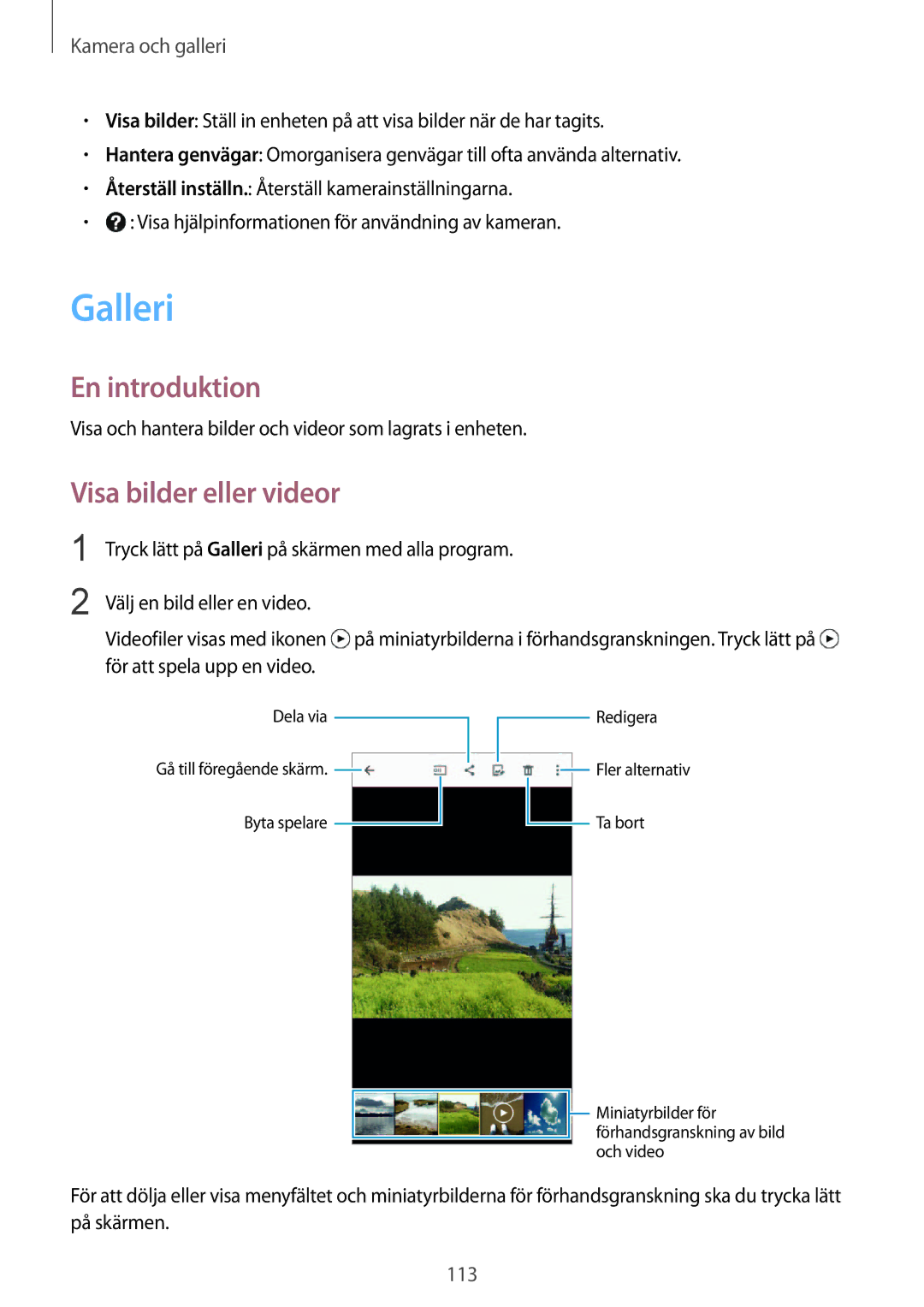 Samsung SM-N915FZKYNEE manual Galleri, Visa bilder eller videor, Visa och hantera bilder och videor som lagrats i enheten 