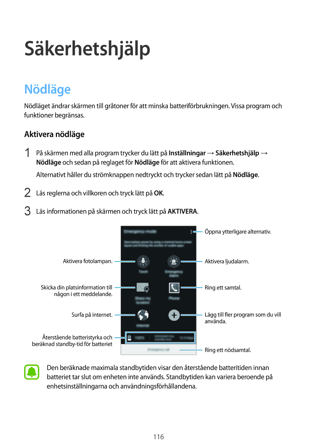 Samsung SM-N915FZWYNEE, SM-N915FZKYNEE manual Säkerhetshjälp, Nödläge, Aktivera nödläge 