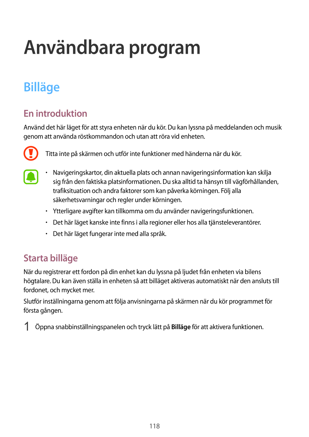 Samsung SM-N915FZWYNEE, SM-N915FZKYNEE manual Användbara program, Billäge, Starta billäge 