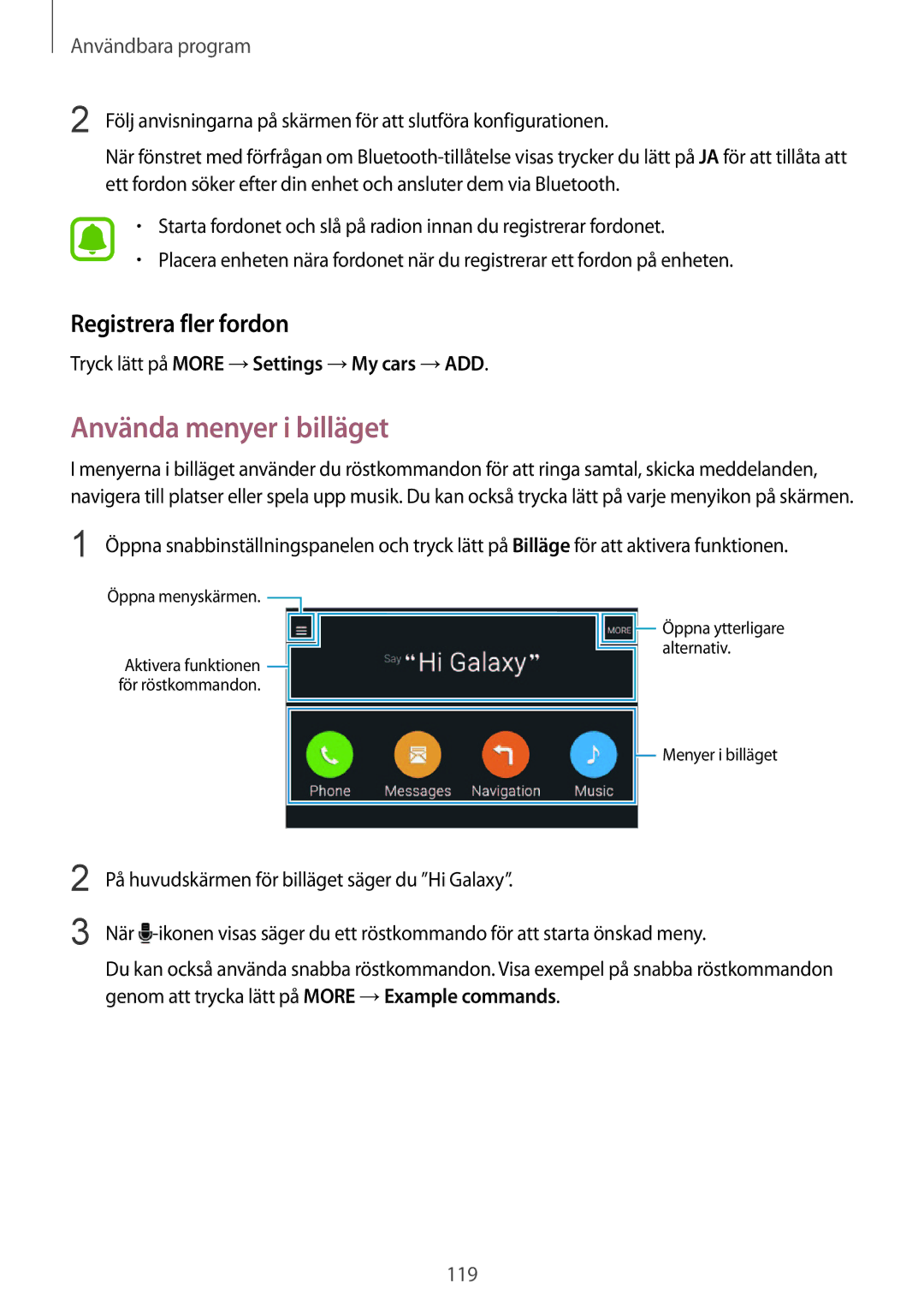 Samsung SM-N915FZKYNEE, SM-N915FZWYNEE manual Använda menyer i billäget, Registrera fler fordon 