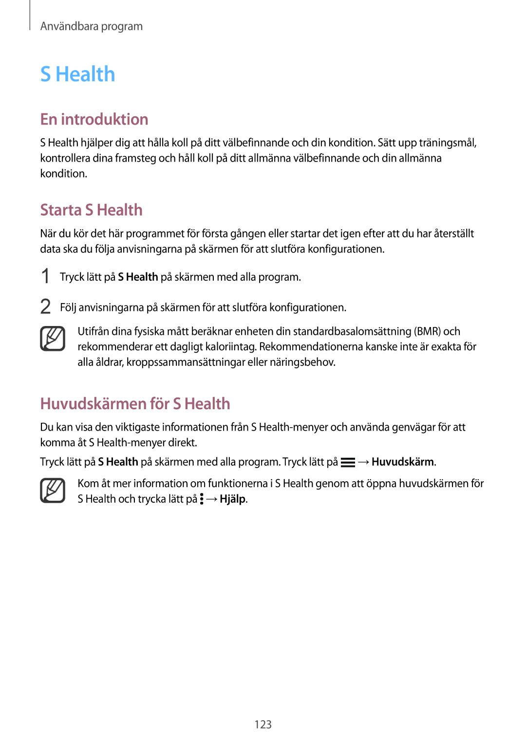 Samsung SM-N915FZKYNEE, SM-N915FZWYNEE manual Starta S Health, Huvudskärmen för S Health 