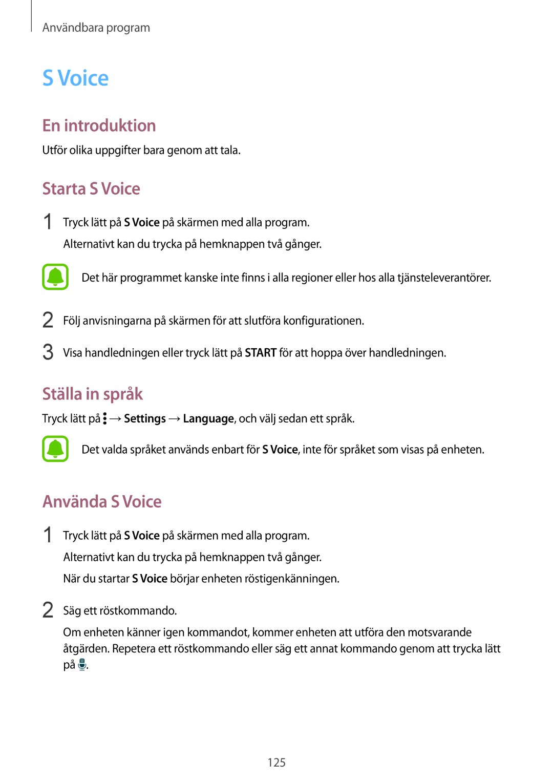 Samsung SM-N915FZKYNEE, SM-N915FZWYNEE manual Starta S Voice, Ställa in språk, Använda S Voice 