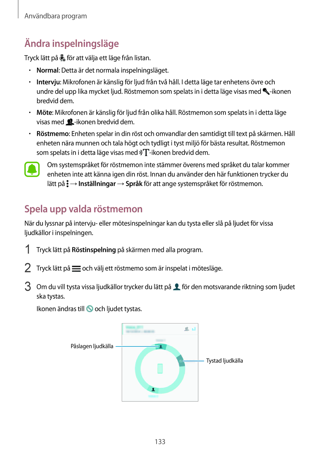 Samsung SM-N915FZKYNEE, SM-N915FZWYNEE manual Ändra inspelningsläge, Spela upp valda röstmemon 