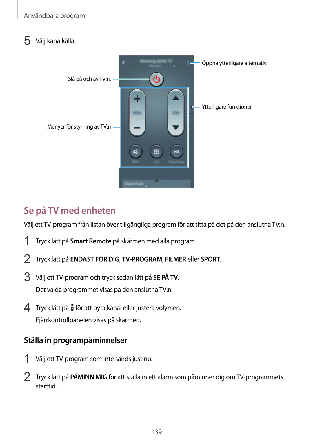 Samsung SM-N915FZKYNEE, SM-N915FZWYNEE manual Se på TV med enheten, Ställa in programpåminnelser, Välj kanalkälla 