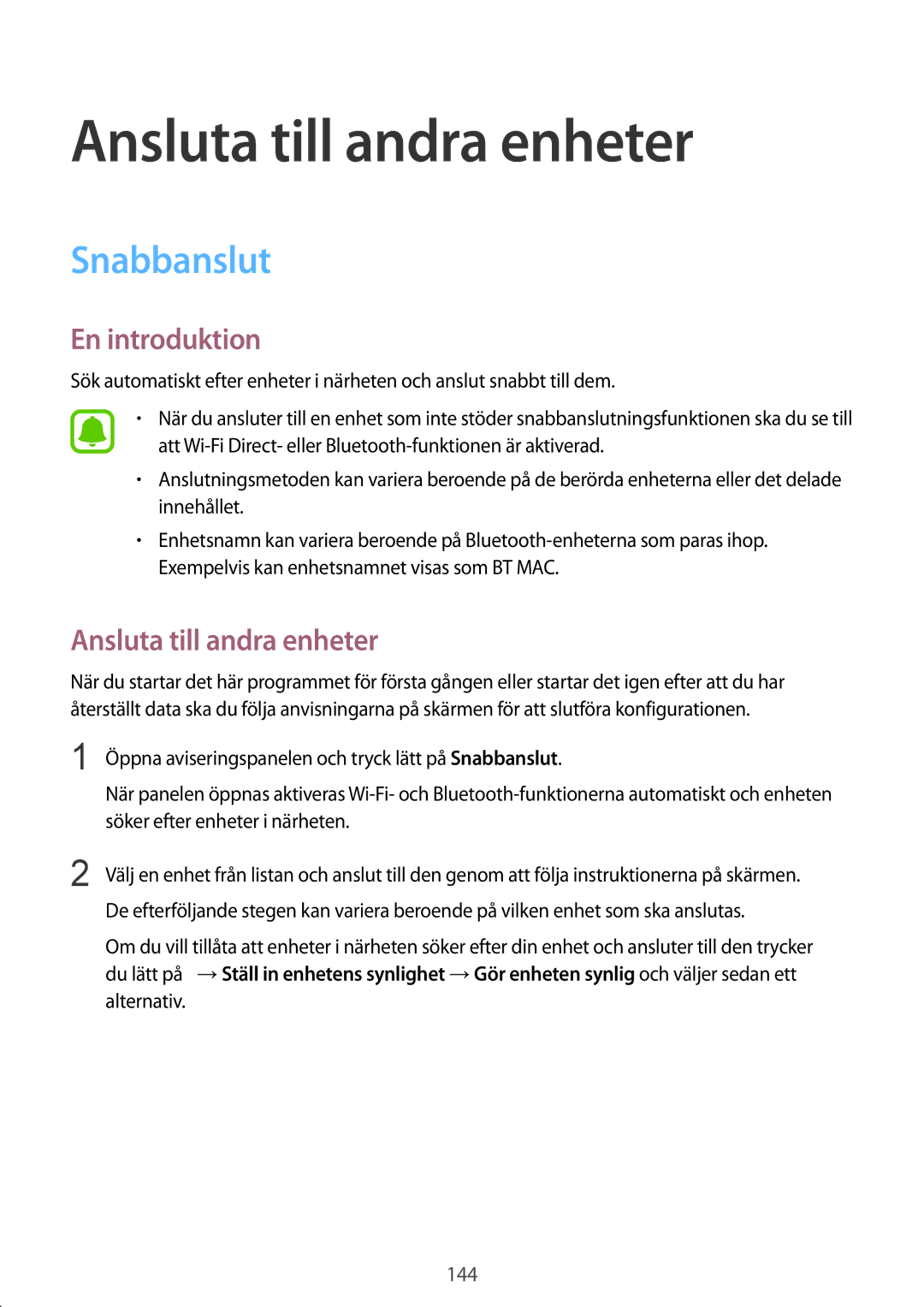 Samsung SM-N915FZWYNEE, SM-N915FZKYNEE manual Ansluta till andra enheter, Snabbanslut 