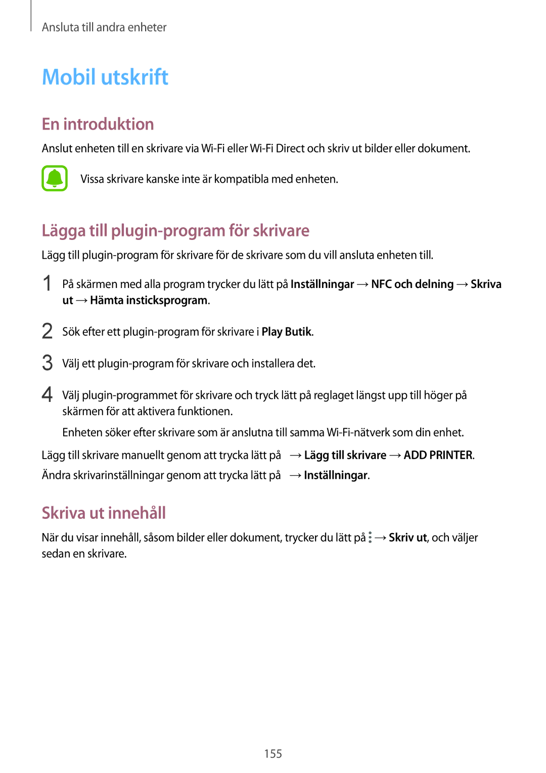 Samsung SM-N915FZKYNEE, SM-N915FZWYNEE manual Mobil utskrift, Lägga till plugin-program för skrivare, Skriva ut innehåll 