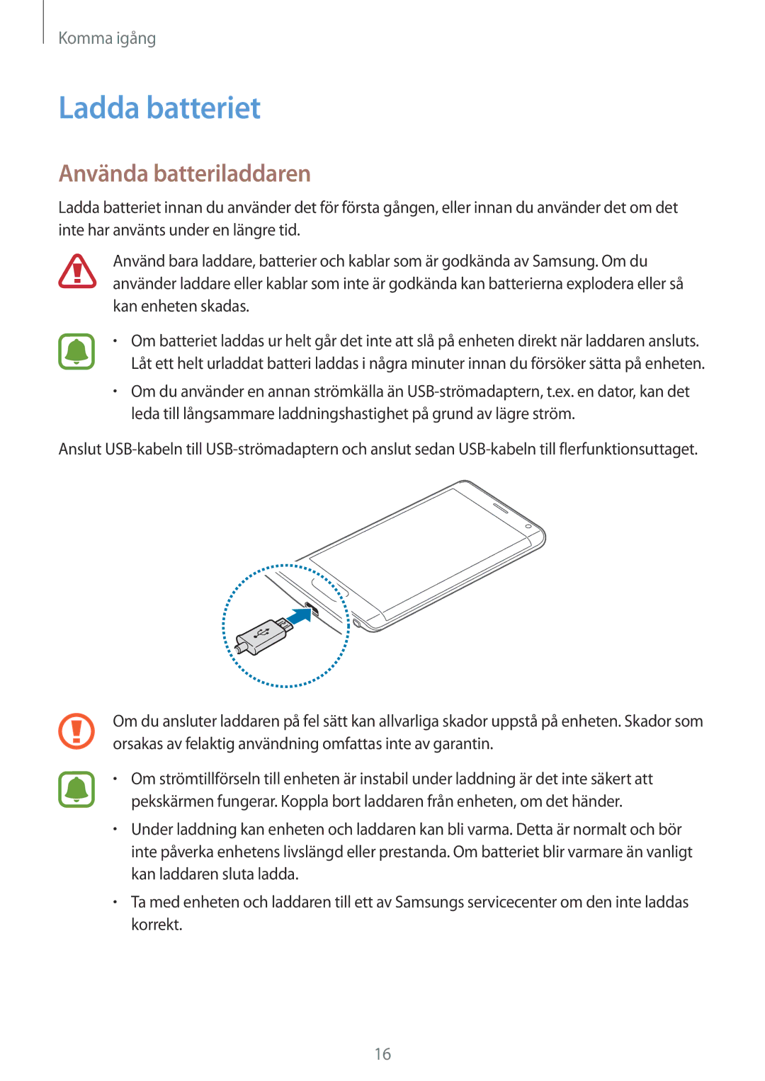 Samsung SM-N915FZWYNEE, SM-N915FZKYNEE manual Ladda batteriet, Använda batteriladdaren 