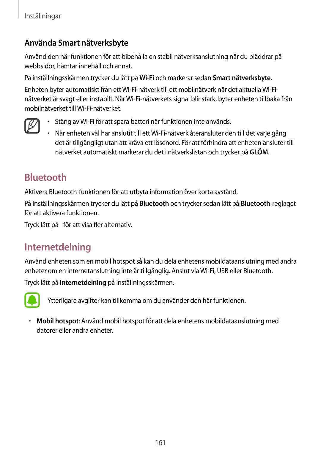 Samsung SM-N915FZKYNEE, SM-N915FZWYNEE manual Bluetooth, Internetdelning, Använda Smart nätverksbyte 