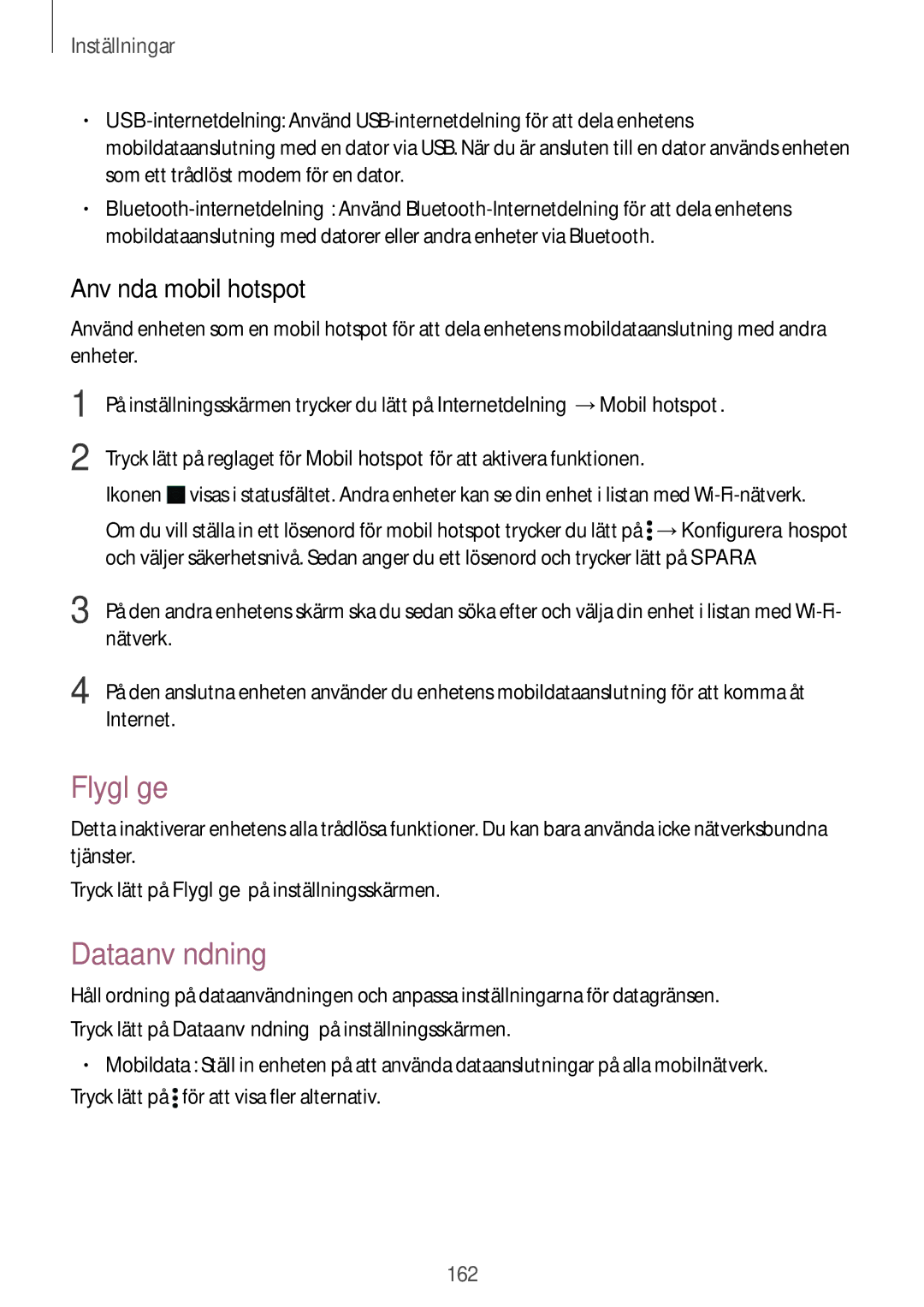 Samsung SM-N915FZWYNEE, SM-N915FZKYNEE manual Flygläge, Dataanvändning, Använda mobil hotspot 