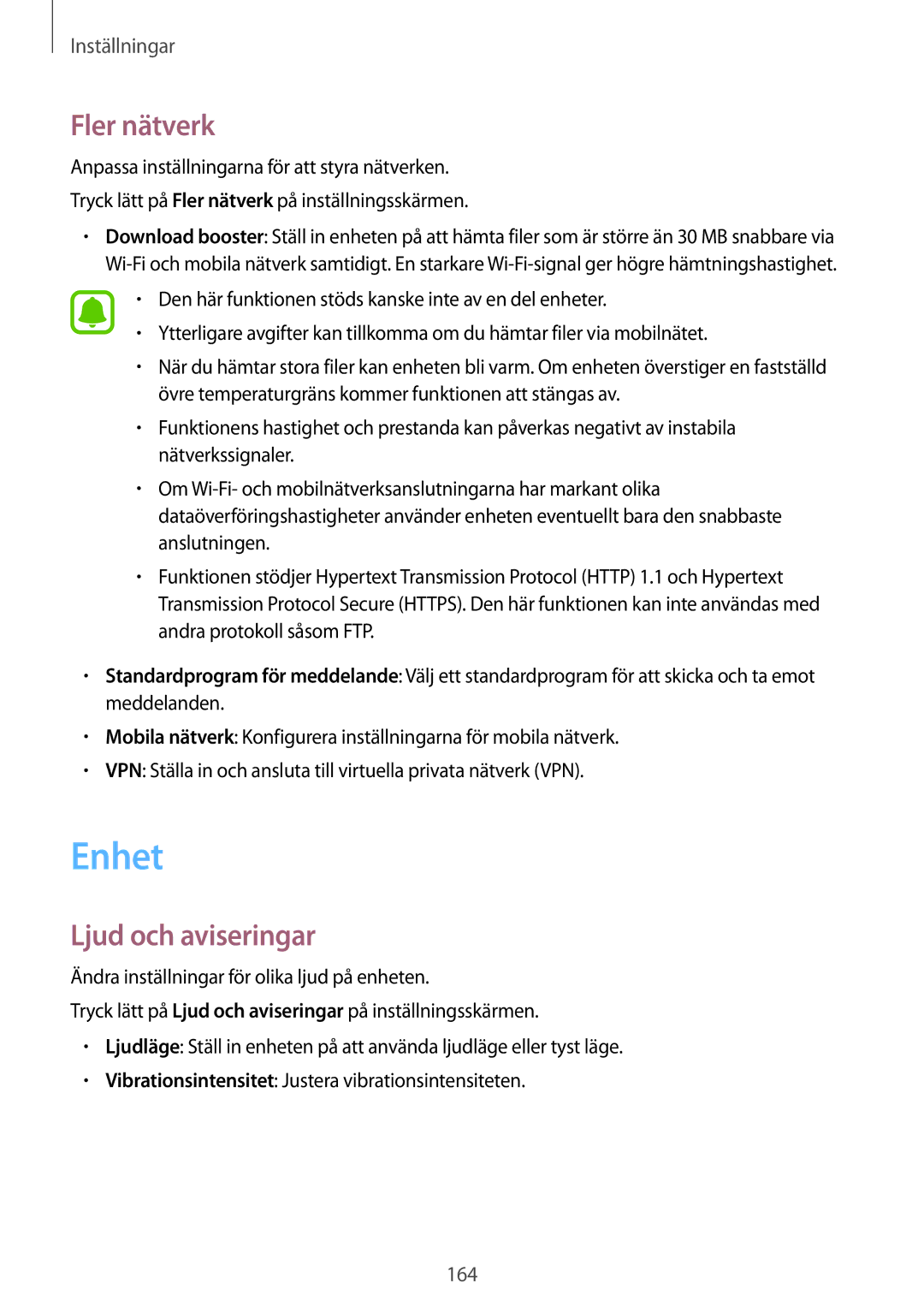 Samsung SM-N915FZWYNEE, SM-N915FZKYNEE manual Enhet, Fler nätverk, Ljud och aviseringar 